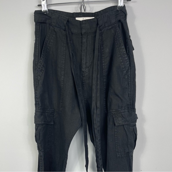 JOIE Erlette Cropped Linen Cargo Pants High Waisted Slouch Waist Ankle Tie Black - Picture 7 of 15